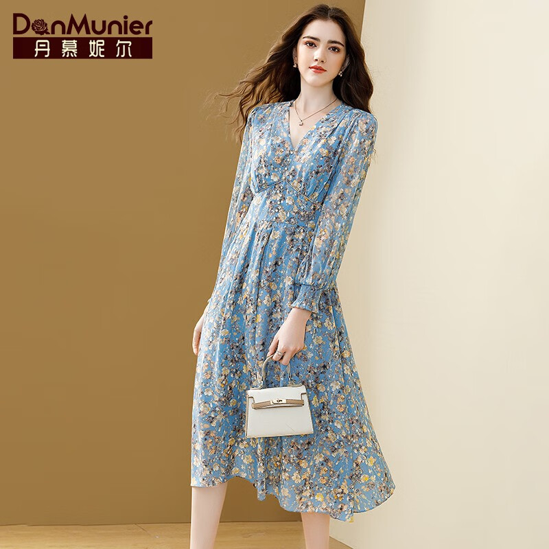 Damonier floral dress female celebrities 2022 new style temperament closed waist V-Neck long sleeve spring skirt