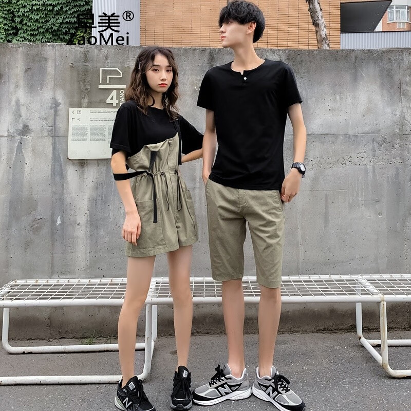 Early beauty couple clothes summer 2022 new Korean version ins couple T-shirt women's street bombing niche design sense one man and one woman versatile short sleeve strap summer suit student class suit trendy army green women's suit M