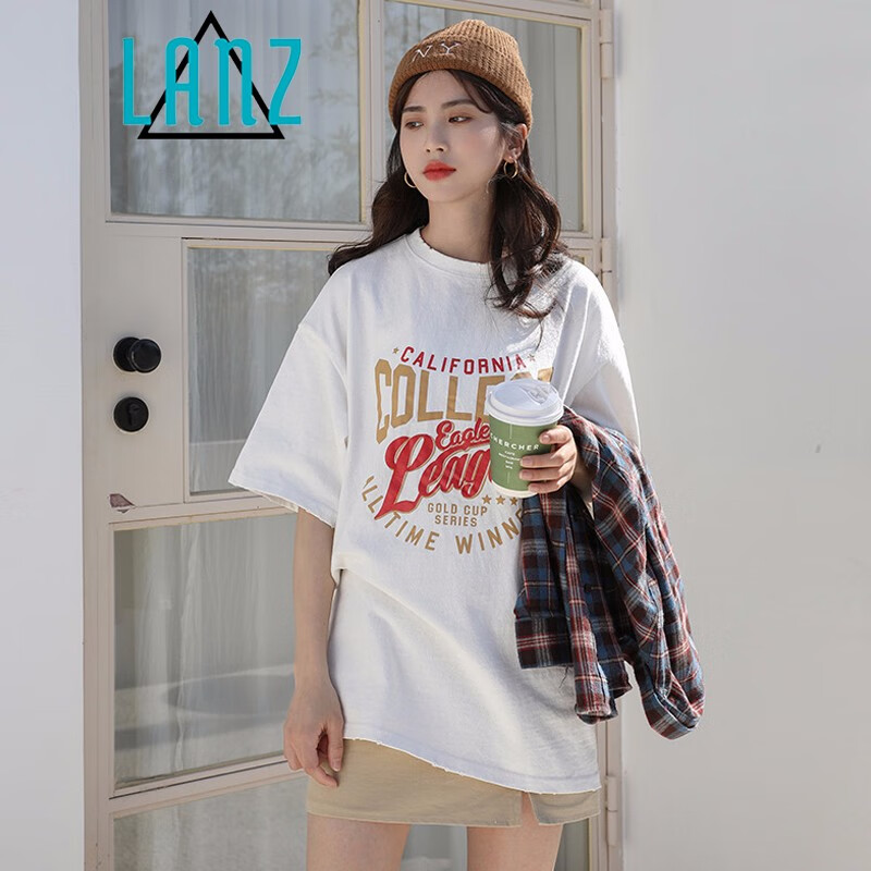 LAN Ye ins short sleeve T-shirt women's medium and long summer top net red edging letter half sleeve student loose retro round neck bottomed shirt fashion