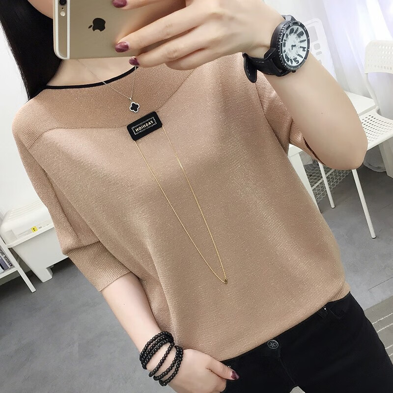 Yueying short sleeve T-shirt women's 2022 spring and summer new women's dress Korean one line collar bat sleeve top women's design sense of minority foreign style ice silk T-shirt women's thin bottomed shirt mother's clothes