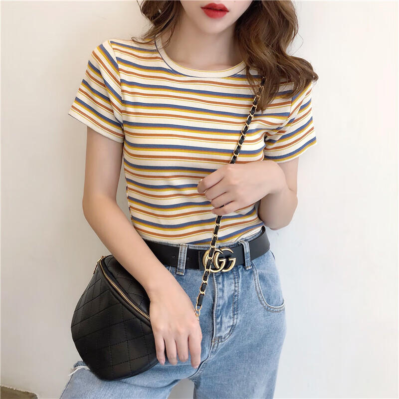 Short striped T-shirt women's short sleeve new student Fashion Top slim fit women's high waist tight T-shirt spring, summer and Autumn