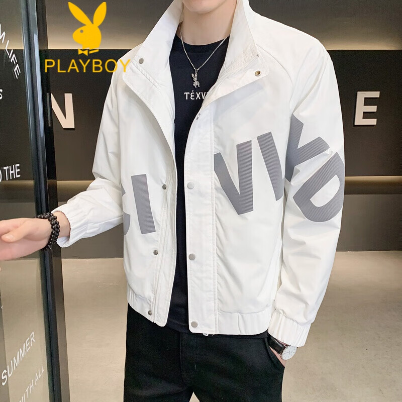 Playboy spring new stand collar jacket men's Korean version slim fit versatile simple fashion printed top Playboy spring new stand collar jacket men's Korean version slim fit versatile simple fashion printed top