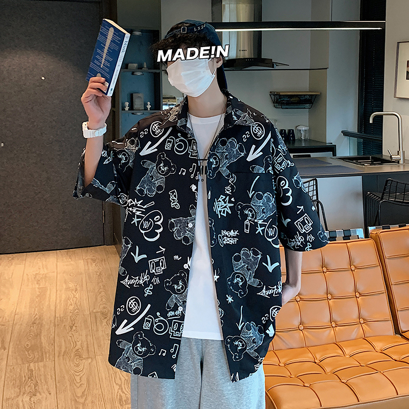 Biao'an short sleeved shirt male youth fashion handsome retro college style trend male and female students versatile comfortable personalized five sleeve coat Biao'an short sleeved shirt male youth fashion handsome retro college style trend male and female students versatile comfortable personalized five sleeve coat