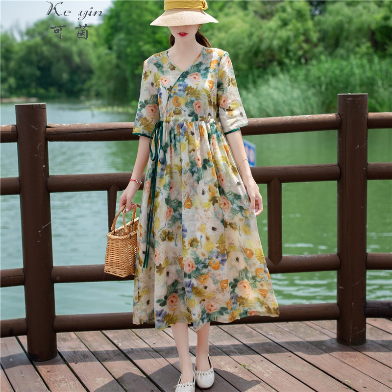 Keyin cotton linen dress women's summer 2022 new cotton linen women's dress design sense of minority leisure temperament loose thin belly covering drawstring waist over knee medium long floral skirt in summer