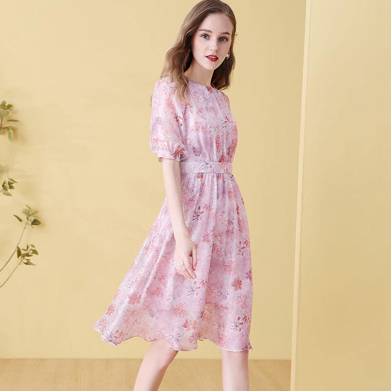 French retro fashion printed chiffon waist dress summer 2022 new style temperament aging A-line skirt cross-strait flower