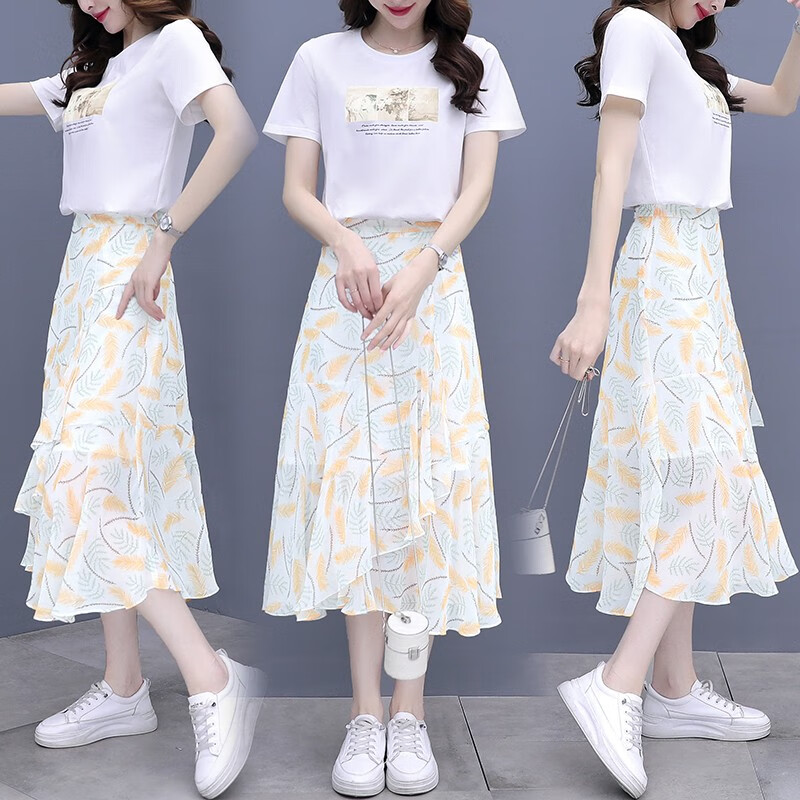 Bernoya dress women's Chiffon Skirt Set women's summer 2022 new women's knitted T-shirt printed small fresh top women + Half skirt floral skirt two-piece set women