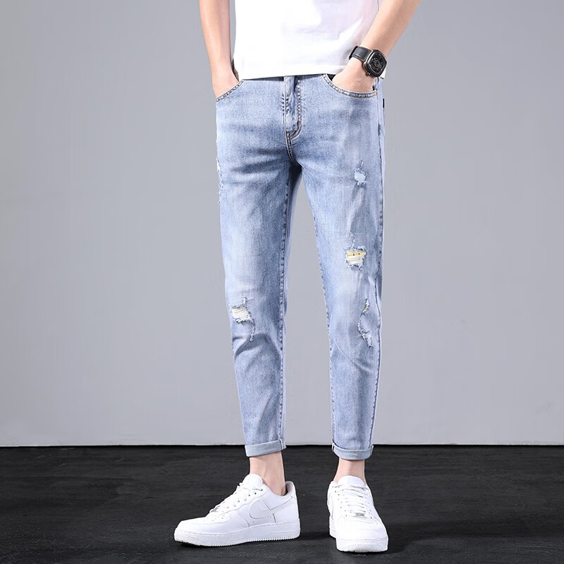 Lee Cooper jeans men's hole nine Leggings small feet summer new trend casual men's wear versatile youth straight pants men's fashion business fashion brand men's pants