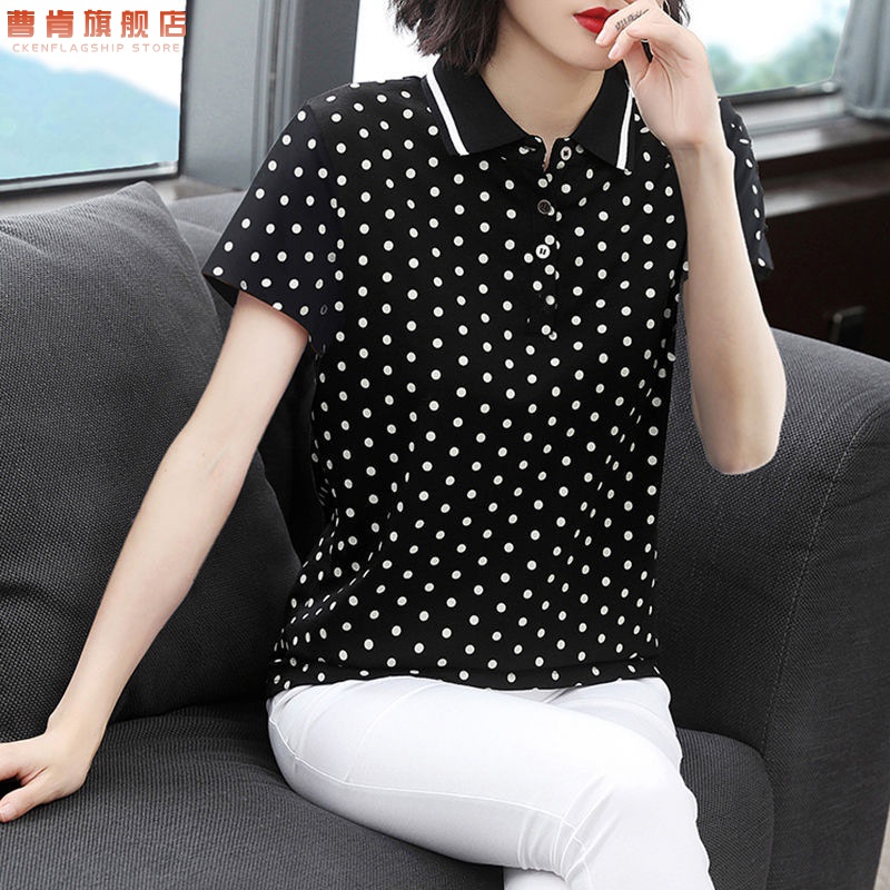 Cken cotton new solid color dot print women's summer T-shirt short sleeve small shirt Polo Lapel foreign style large size top