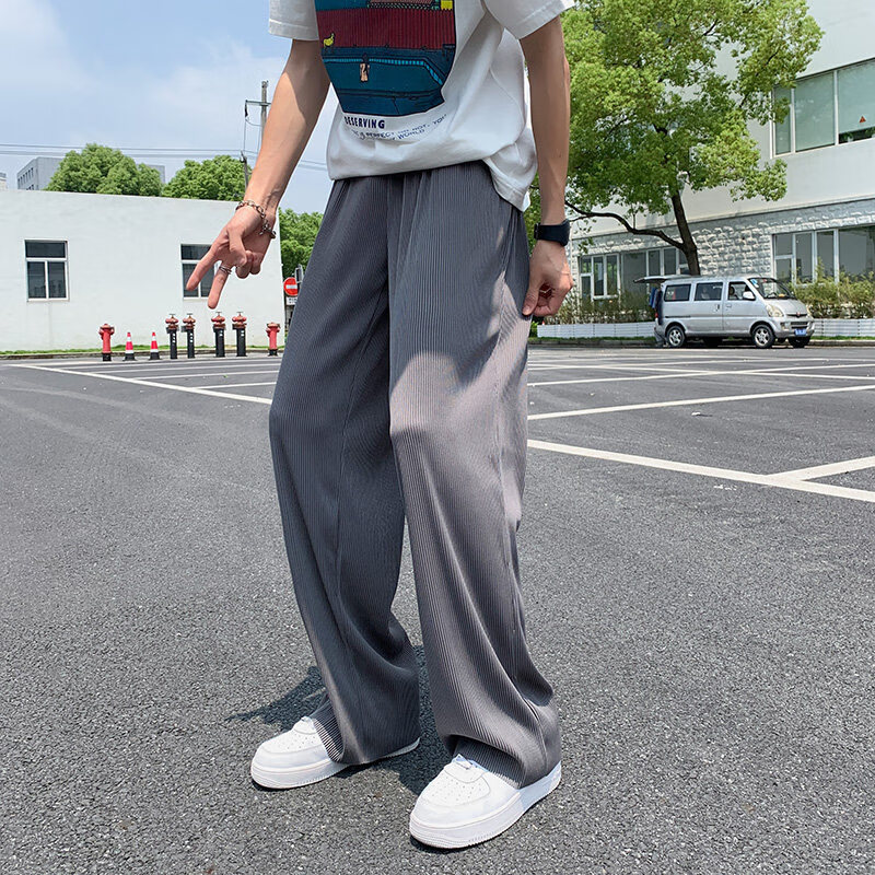 Pants men's summer ice silk pants Korean fashion ins tide brand Harajuku style loose straight tube vertical feeling wide leg pants ruffian handsome pants men's youth students high street pleated casual pants