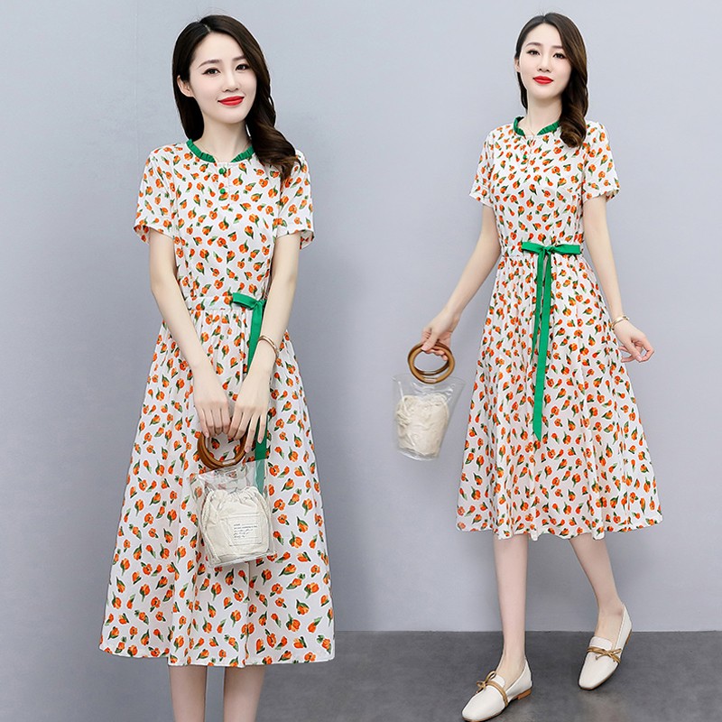 Xiyueya cotton linen dress women's middle long 2022 summer new women's short sleeve temperament small fresh thin floral skirt