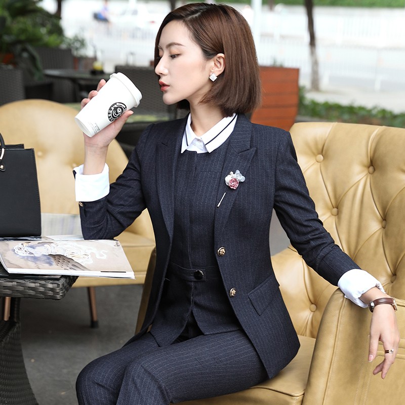 Chenfu stripe small suit coat women's long sleeved business dress women's suit Korean version large interview temperament business suit British style ol tooling sales department office work clothes