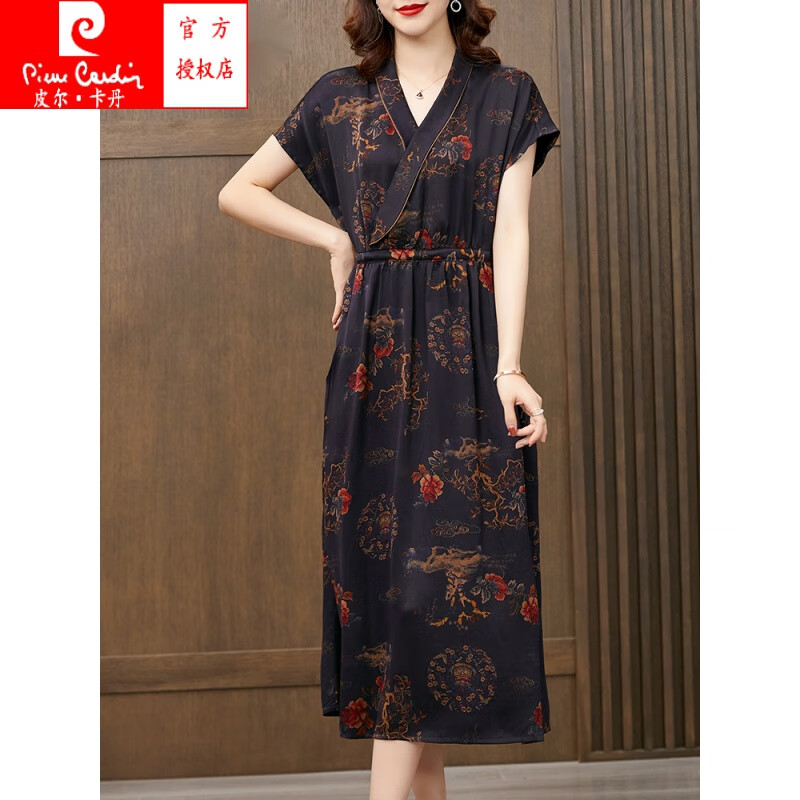 Pierre Cardin [high-end light luxury] your wife's fragrant cloud gauze silk dress women's new 2022 temperament mulberry silk waist closing thin printed skirt