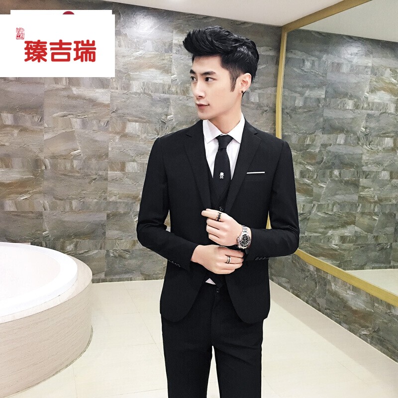 Zhenjirui suit suit set men's three piece set autumn and winter formal dress thin wedding slim work dress native New Korean fashion youth student dress double breasted groom and best man suit