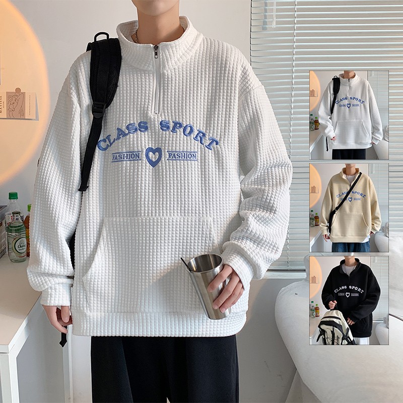 Qiwuhai sweater men's spring and autumn loose BF lazy style zipper stand collar long sleeved t-shirt men's ins couple clothes teenagers students solid color versatile coat