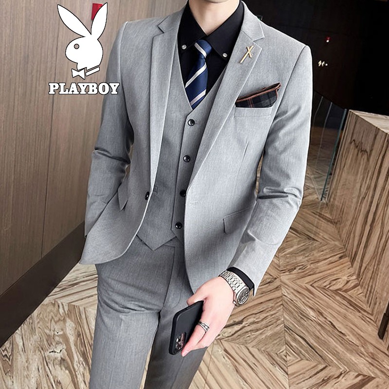 Playboy high-quality suit suit suit men's slim fit men's business casual gentleman's formal dress solid color groom's wedding dress professional coat vest trousers work clothes men's wear