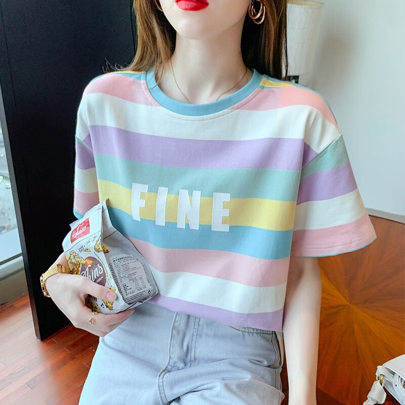 Shiluolan short sleeve T-shirt women's 2022 summer new Xiaoqing new color stripe loose pure cotton T-shirt bottom breathable blouse women's fashion sn6813