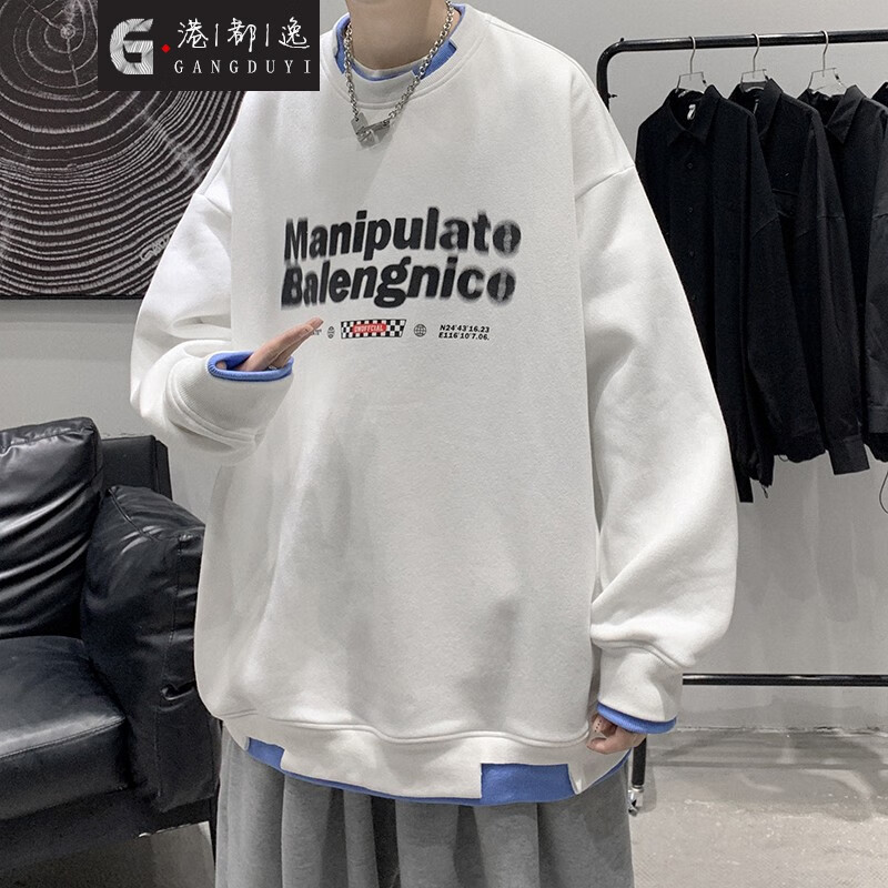 @Hong Kong capital Yi round neck sweater men's spring new fake two piece fashion brand coat Hong Kong Style loose letter printed top youth oversize versatile hoodless clothes