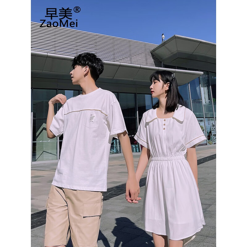 Early beautiful couple's summer clothes 2022 new Korean Short Sleeve T-Shirt women's ins color contrast college style top women's suit one boy and one girl student class clothes customization trend