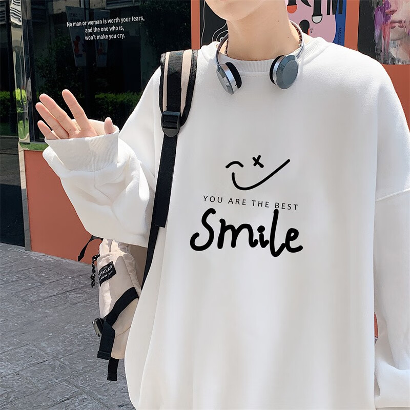 FOSS Phil round neck sweater men's spring and autumn 2021 new ins fashion brand Hong Kong Style smiling face boys loose youth upper sleeve clothes men