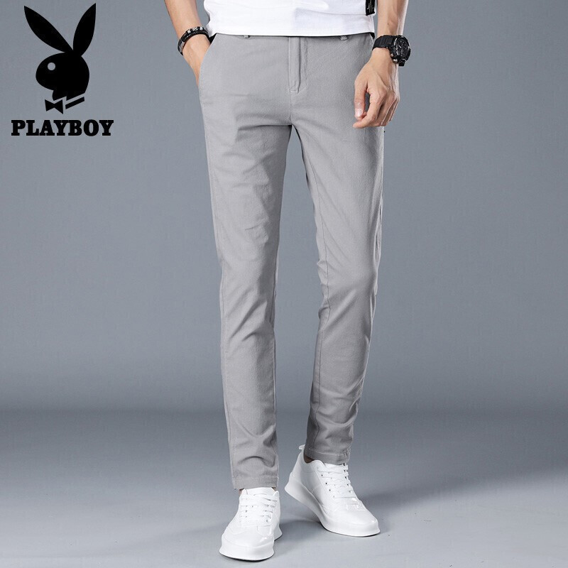 Playboy casual pants men's slim 2021 autumn winter pants men's casual pants Korean men's pants micro elastic Leggings light gray 30