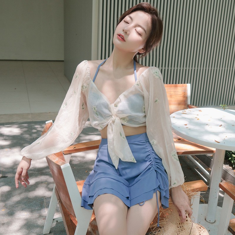 Kebo swimsuit female split skirt new hot spring long sleeved fairy fan conservative thin belly covering holiday swimsuit Kebo swimsuit female split skirt new hot spring long sleeved fairy fan conservative thin belly covering holiday swimsuit