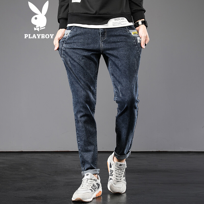 Playboy jeans men's autumn new Korean version slim fit slim legged pants trend versatile men's pants fashion elastic pants men's youth casual casual versatile