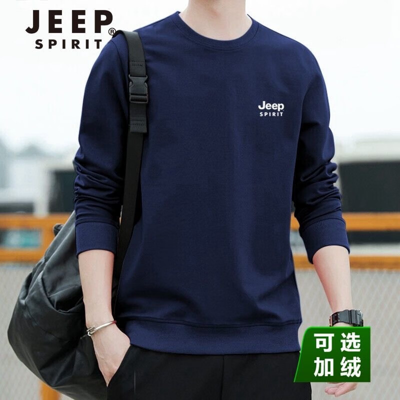 Jeep Jeep sweater men's spring and autumn new men's Plush loose large long sleeve round neck Pullover T-shirt sports leisure fashion cotton bottomed shirt trend men's shirt