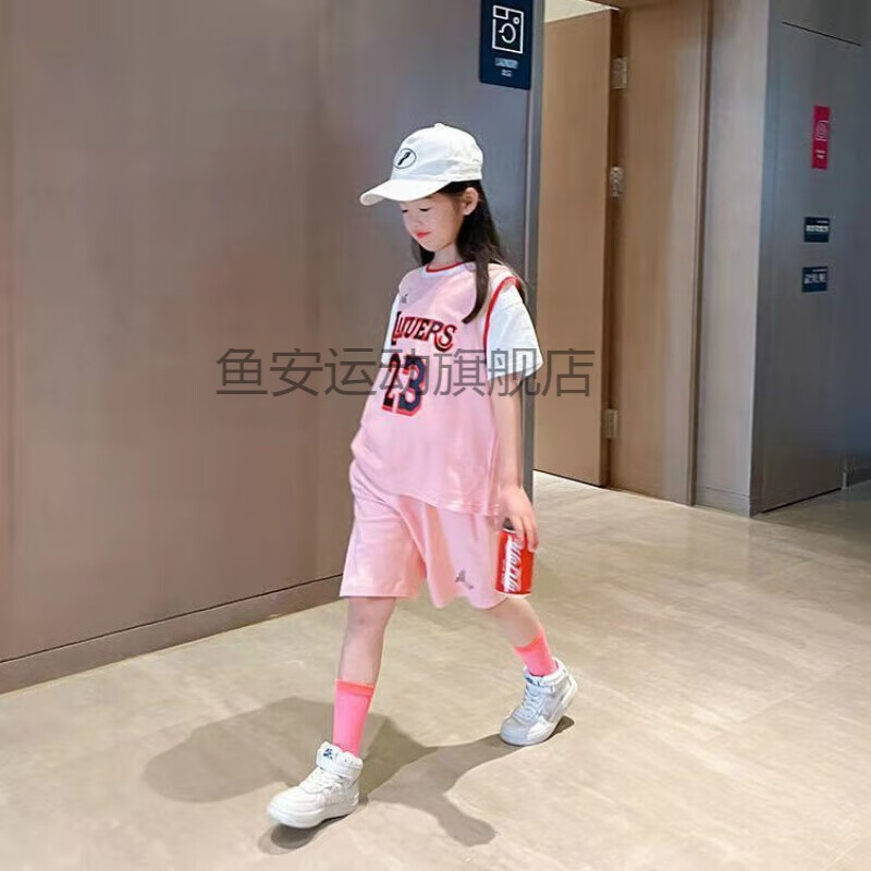 Yu'an children's basketball Suit Girls' basketball suit sports suit short sleeved fake two new middle-aged and older children's two-piece suit foreign style fashion trend