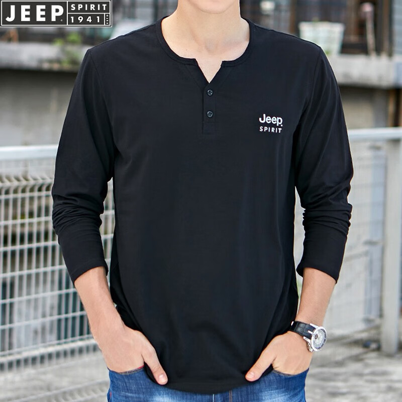 Jeep Jeep long sleeved t-shirt men's spring 2022 new solid color embroidery casual versatile V-neck large men's top