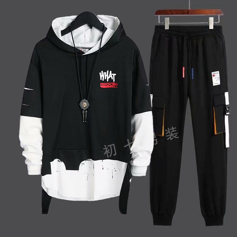 Hooded top two trendy middle school students spring and Autumn New Youth one hip hop casual sweater suit men