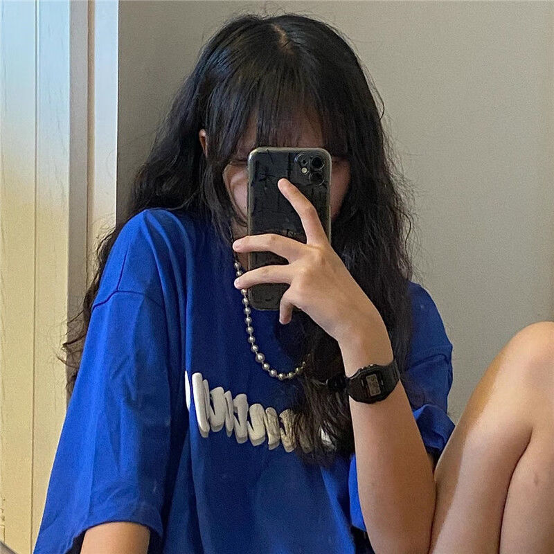 Jingling Klein Blue Cotton Short Sleeve T-Shirt women's 2022 new spring and summer loose and versatile design sense of niche explosion Street super fire show white foreign style couple shirt