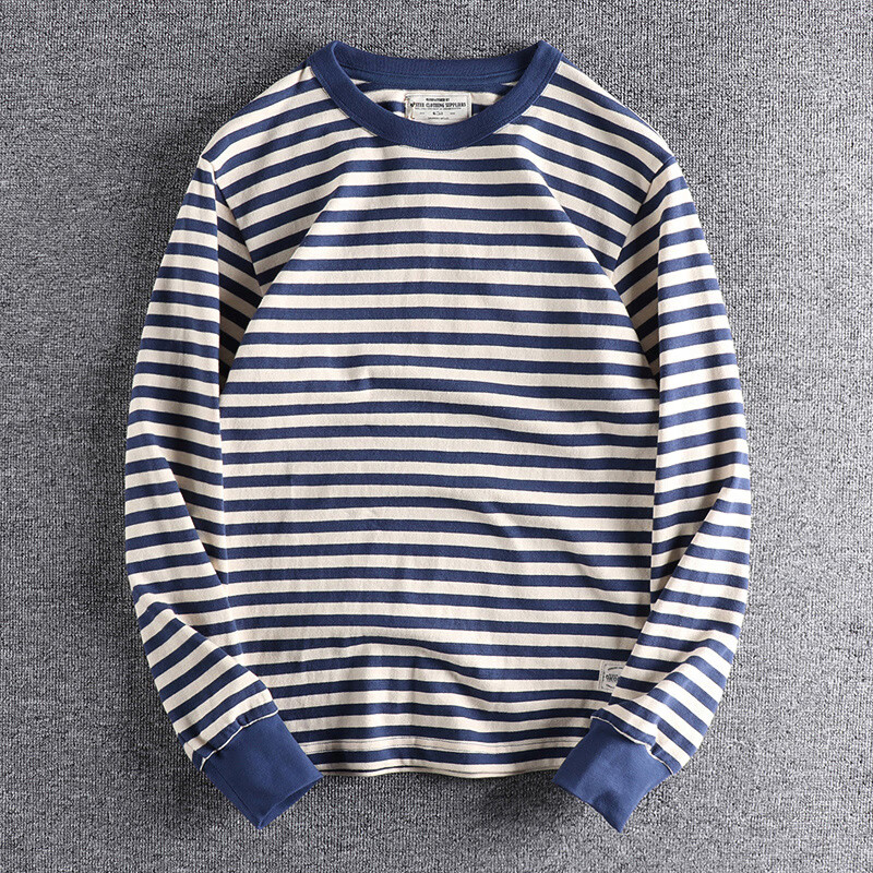 American fashion men's new spring Vintage stripe long sleeved T-shirt AMI Khaki Pullover comfortable round neck casual fashion Youth Navy soul shirt