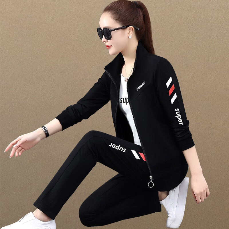Mu Zhimei sports suit women's spring and autumn 2021 new fashion large size foreign style long sleeve leisure ghost step dance square dance group clothes running clothes stand collar sweater three piece set