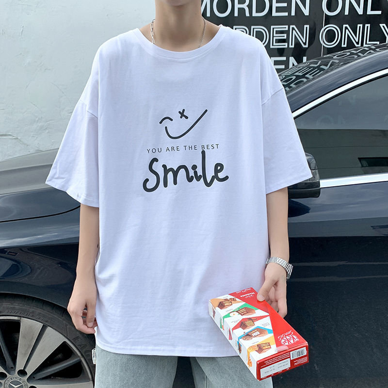 Luxury short sleeved t-shirt men's loose fashion Korean youth student cartoon smiling face printed half sleeved men's wear 2021 new T-shirt summer five sleeved top