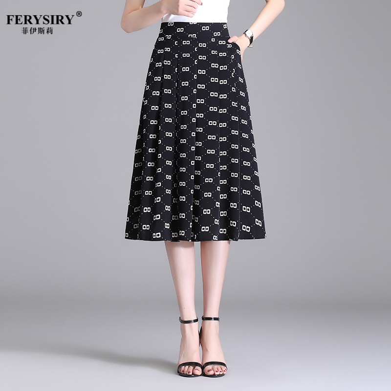 Feiesli brand skirt women's summer printed skirt 2022 new slim fit temperament medium and long commuter style A-line skirt