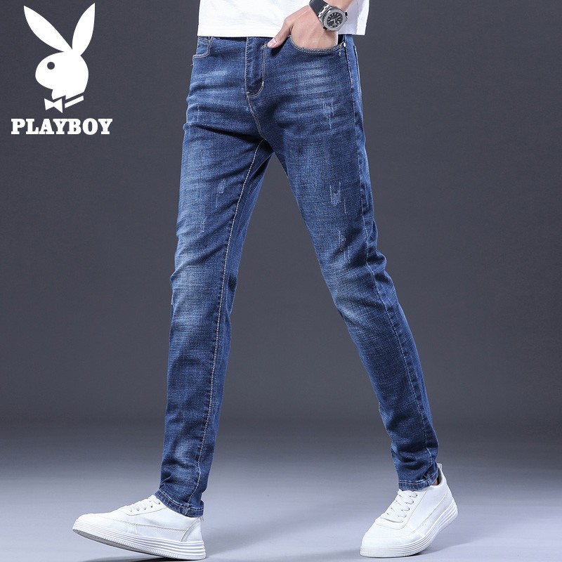 Playboy jeans men's Japanese slim fit 2022 summer new men's washing business casual pants elastic large pants men's trendy pants