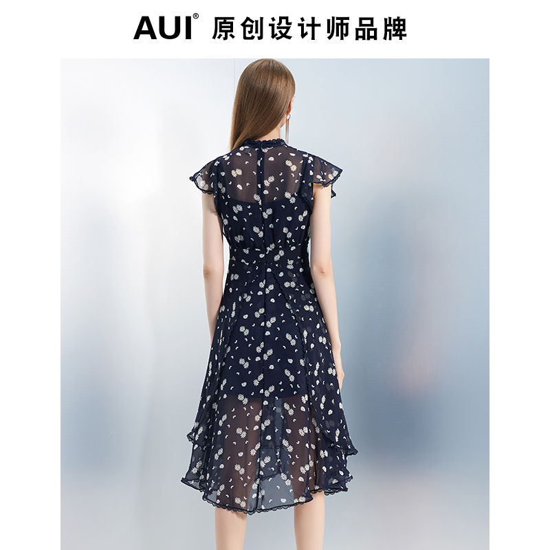 AUI Floral Chiffon dress women's summer 2022 new style temperament European and American style lotus leaf sleeve large swing medium length skirt