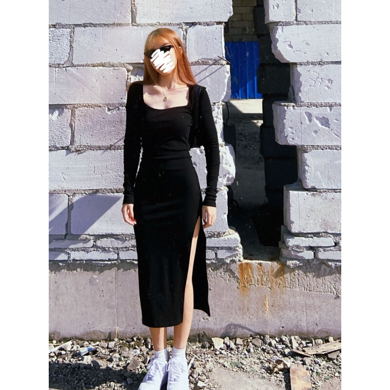 Dress early spring and autumn new 2021 hot girl sexy tight split Knit Skirt European and American long skirt square neck small black skirt custom fashion fashion same style net red