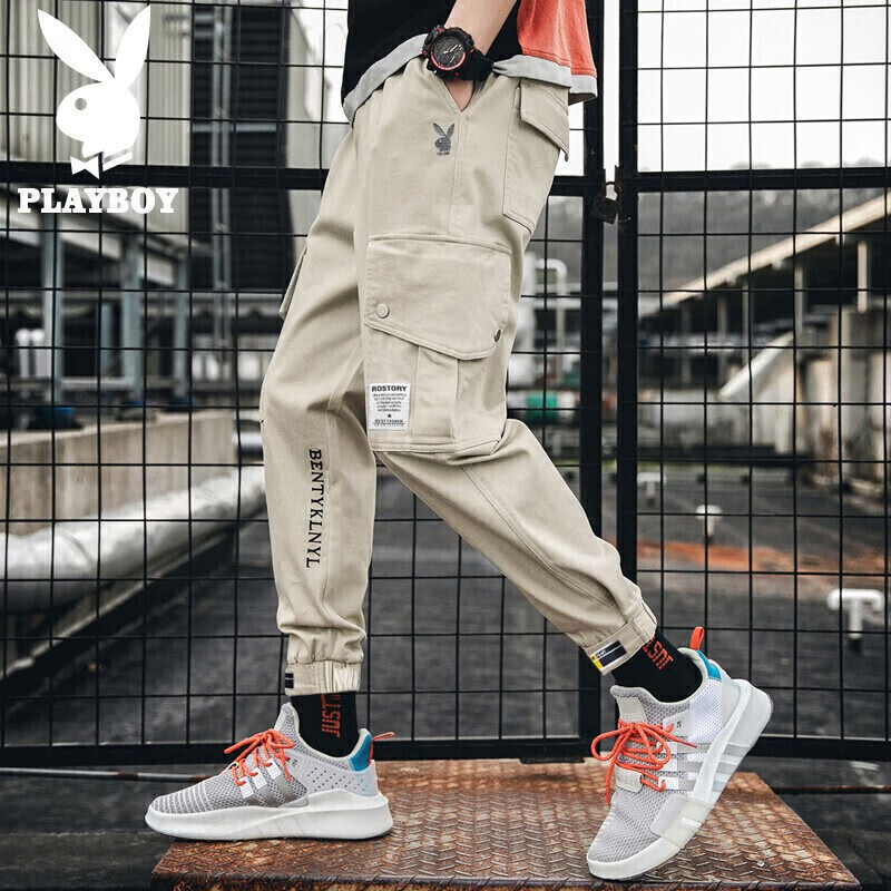 Playboy overalls men's 2021 autumn winter Korean pants men's loose casual pants men's fashion Leggings men's pants light Khaki XL