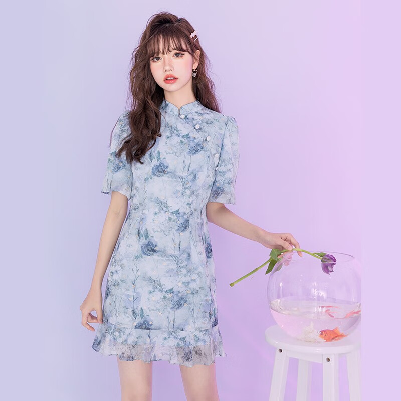 Mg elephant cheongsam modified dress women's summer Chinese style 2021 new design feeling slim waist broken flower skirt