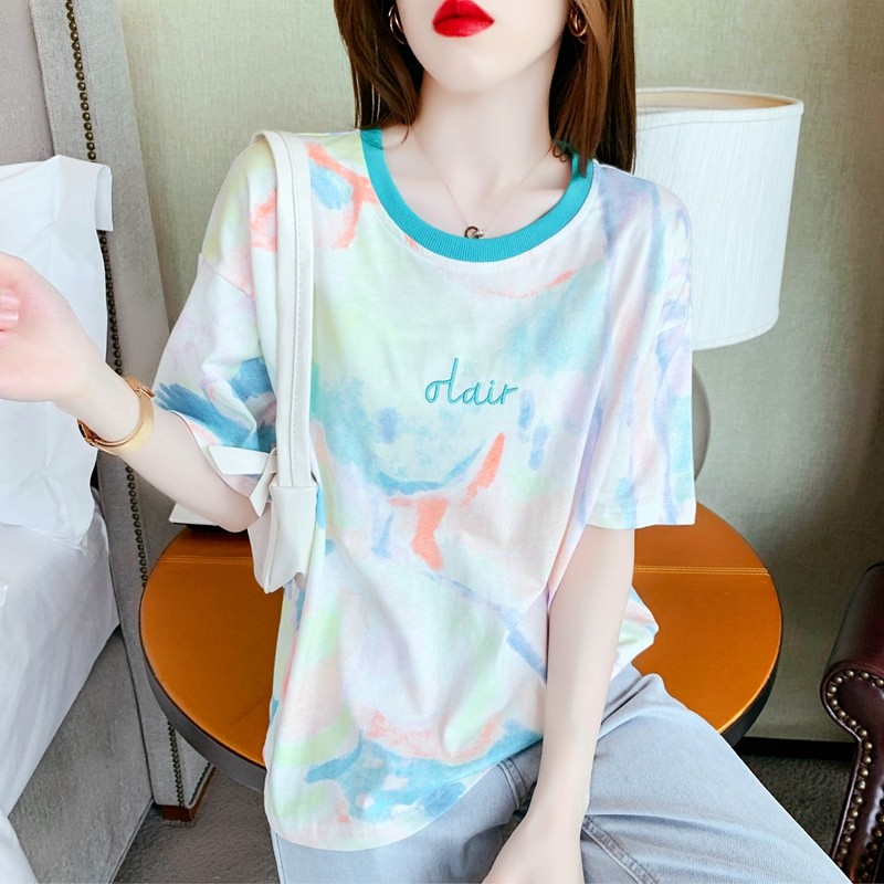 Shiluolan short sleeve T-shirt women's 2022 summer new style embroidery tie dyeing small fresh loose cotton T-shirt bottom breathable small shirt top women's fashion sn6812