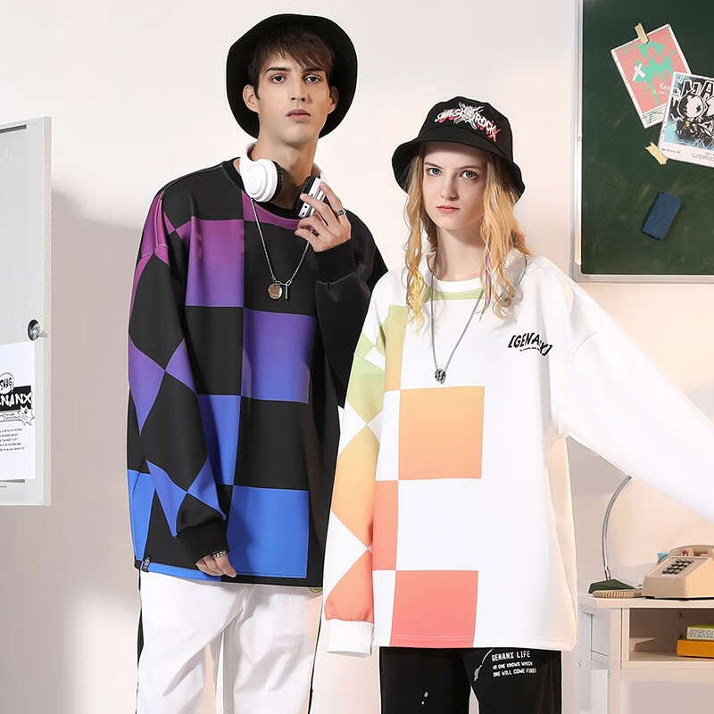 Genanx lightning tide card irregular checkerboard top black and white space cotton couple sweater men and women's fashion