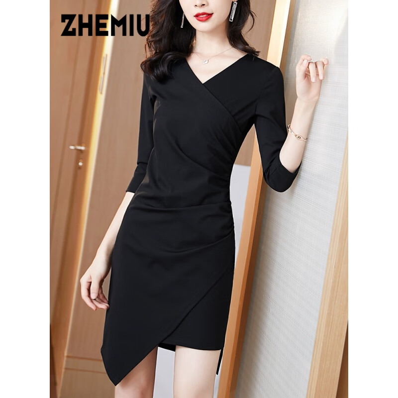 Zhemiu light luxury brand women's dress women's slim 2022 new irregular dress black V-neck medium length slim dress skirt