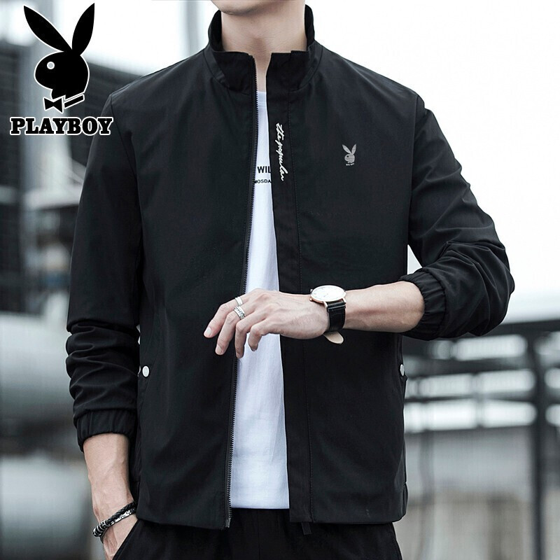 Playboy jacket men's trend 2021 autumn winter Korean jacket men's stand up collar baseball suit slim fit clothes men's black M