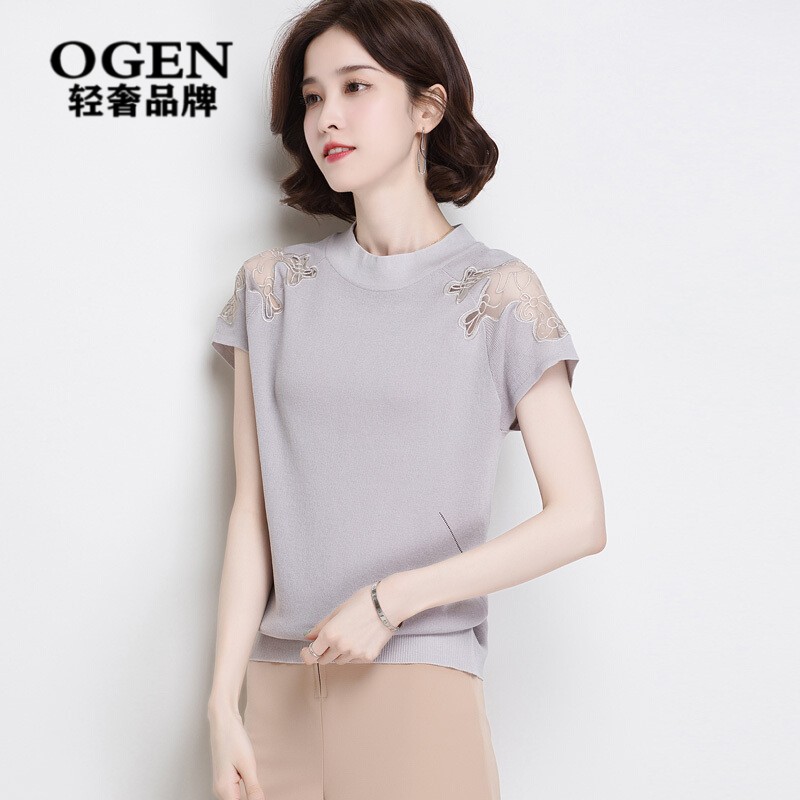 Hong Kong ogen light luxury brand women's short sleeved T-shirt women's thin ice silk top summer 2021 new summer semi high collar fashion brand lace sweater