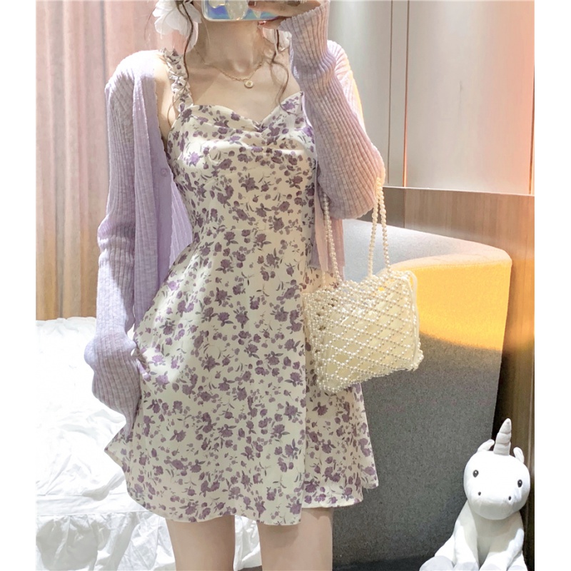 Yalianlang large purple dress fat mm suspender skirt set female summer French gentle wind first love floral skirt 2021 new style