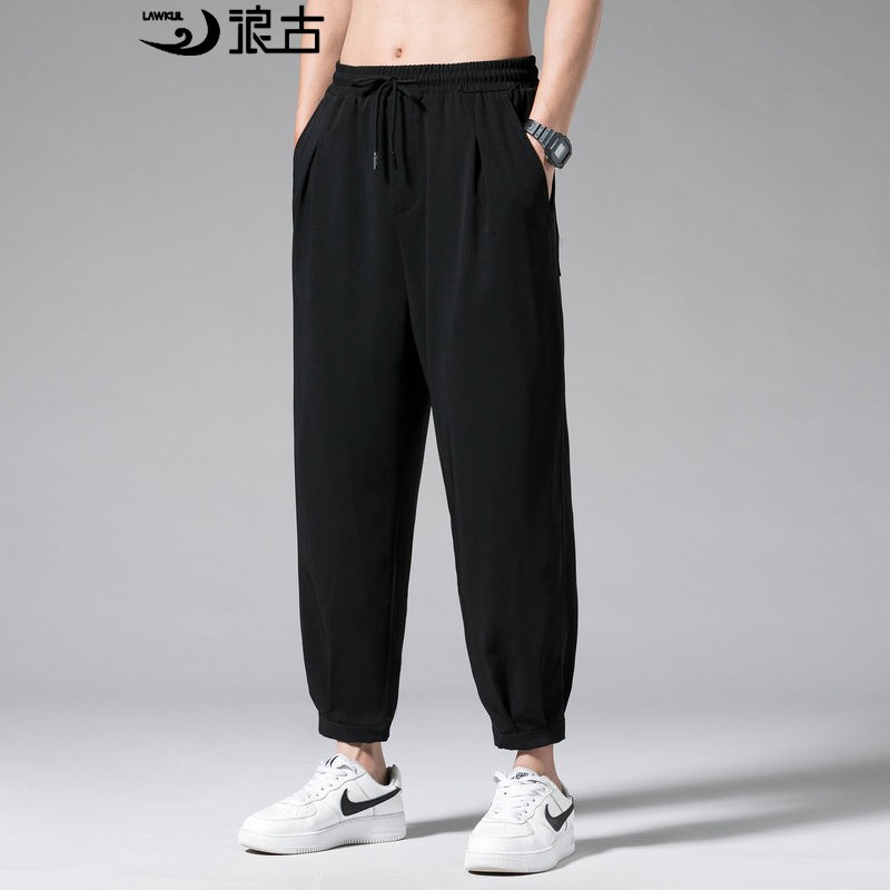 Langgu men's casual pants summer 2021 new Korean style vertical nine point PANTS YOUTH loose drop feeling straight tube Leggings tide brand breathable ultra-thin ice silk pants men's pants