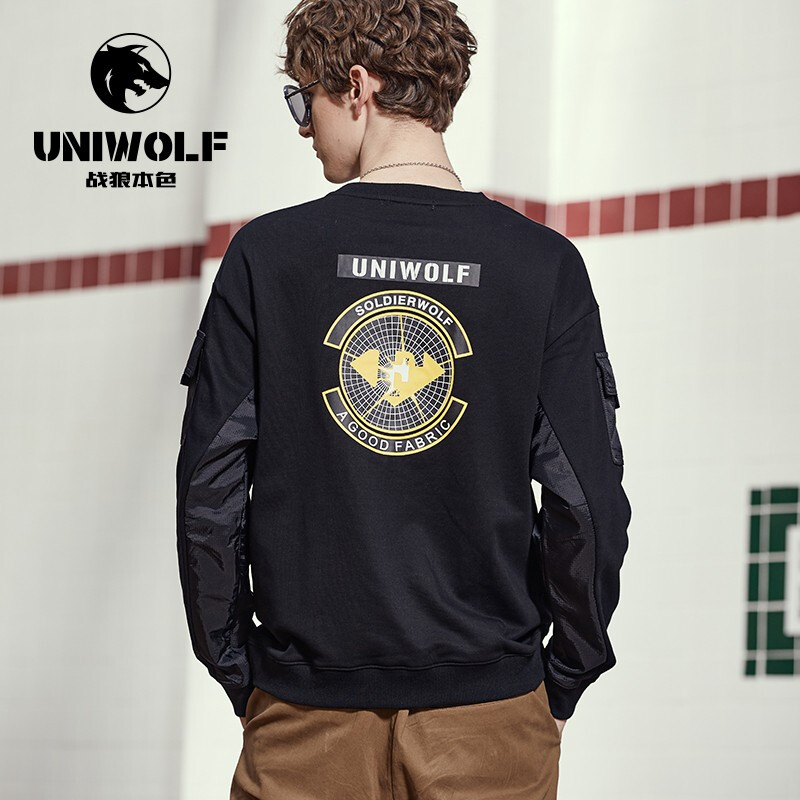 Wolf natural color sweater men's long sleeve spring and autumn multi bag fashion casual comfortable bottoming shirt men's solid color round neck Baseball Jacket