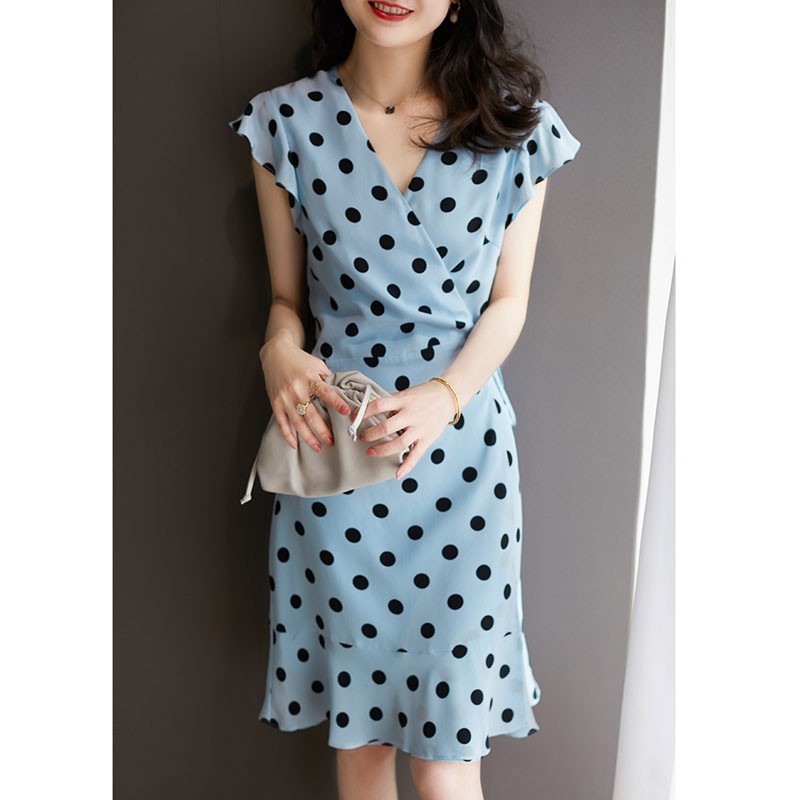 Touch miss tachimis women's dress French style retro fashion skirt refreshing wave dot printed mulberry silk tea break skirt