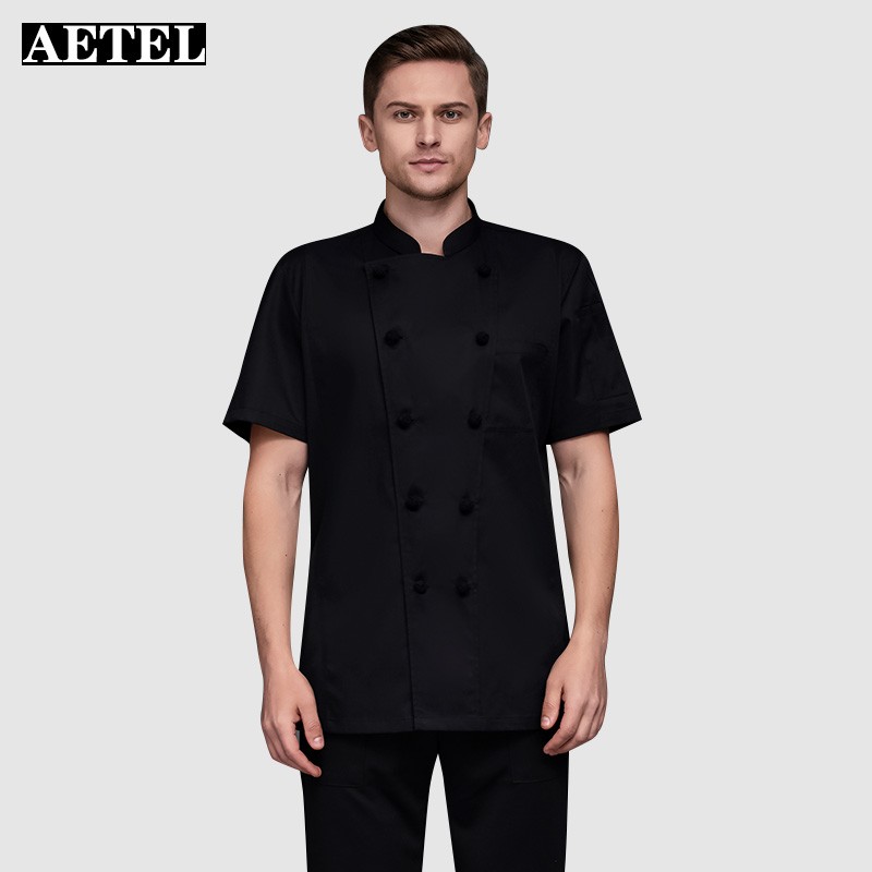 Aetel cotton chef's clothes short sleeve breathable men's and women's Hotel back kitchen work clothes summer clothes western restaurant chef's uniform SC cotton double row cloth buckle
